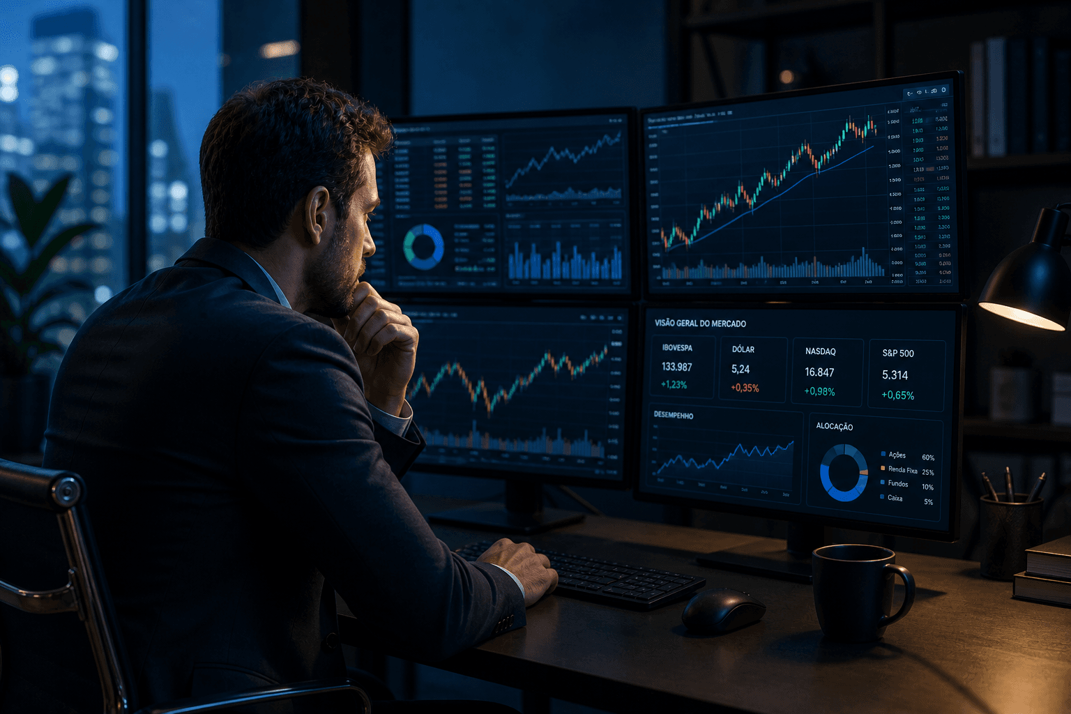 Investidor em sua mesa de operações